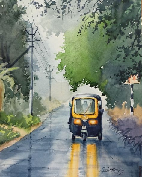 Water Colour Painting Watercolour Painting Ideas Landscape, Croquis, Water Colours Drawing Ideas, Indian Scenery Painting, Sketching Landscapes Pencil, Water Colour Rainy Season Painting, Artist Water Colour Painting, Rainy Painting Watercolors, Senary Drawing Watercolor