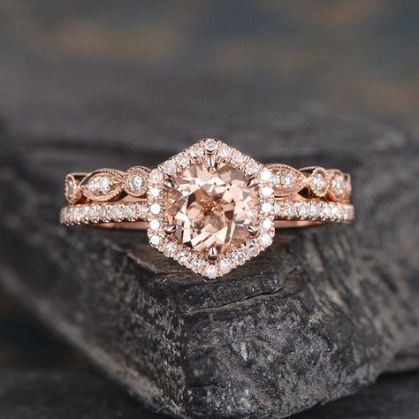 2pcs Rose Gold Engagement Ring Hexagon Cut Morganite | Etsy Rose Gold Engagement Ring Round, Hexagon Wedding Ring, Rose Gold Round Engagement Ring, Gold Engagement Ring Round, Round Cut Halo Engagement Ring, Hexagon Engagement Ring, Ring Hexagon, Engagement Ring Round Cut, Hexagonal Ring