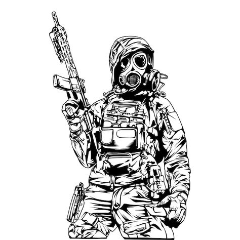 A soldier with a gun in his hand is wear... | Premium Vector #Freepik #vector #operations #infantry #operator #combatant Soldier Graphic, Soldier Poster, Army Art, Gas Mask Art, Call Of Duty Ghosts, Special Force, Combat Art, Female Soldier, A Soldier