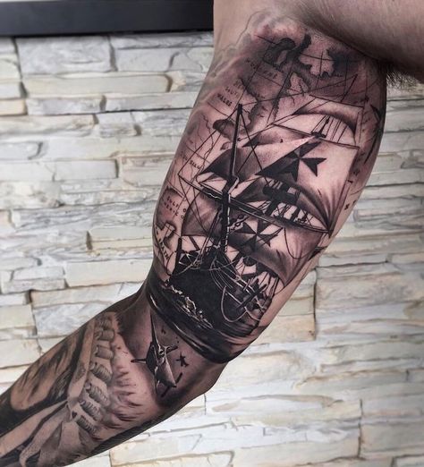 Pirate Tattoo Sleeve, Compas Tattoo, Tattoo Bicep, Ship Tattoo Sleeves, Ocean Sleeve Tattoos, Octopus Tattoo Sleeve, Pirate Ship Tattoos, Pirate Ship Tattoo, Nautical Tattoo Sleeve