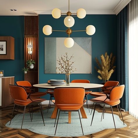 Retro Modern Dining Room, Mid Modern Century Color Palette, Mid Century Modern Colour Scheme, Midcentury Modern Color Palette Living Room, Dining Room Inspiration Colorful, Retro Mid Century Living Room, 70s Style Dining Room, Mid Century Modern Den Ideas, Moody Small Dining Room