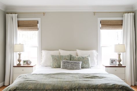 Bed Against Windows Master, Curtains On Either Side Of Bed, Windows Flanking Bed, Windows Beside Bed Master Bedrooms, Curtains By Bed, Curtains Behind Master Bed, Bedroom Curtains 2 Windows, Windows Around Bed, Bed Between Two Windows Curtains