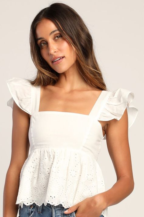 The Lulus Always Your Baby White Ruffled Eyelet Babydoll Top is sure to become a go-to for all your cutest outfits! Lightweight cotton fabric shapes ruffled straps that support this babydoll-style top that has a princess-seamed bodice and a slightly cropped flounce hem with pierced eyelet embroidery. Smocking at back for fit. Fit: This garment fits true to size. Length: Size small measures 21" from shoulder to hem. Bust: Great for any cup size. Waist: Fitted - elastic waist allows stretch. Under Couture, Sabrina Style Outfits, Zara Ruffle Top Outfit, Trendy Clothing Pieces, Super Cute Summer Outfits, Yellow Babydoll Top, Valentines Tops For Women, Preppy White Top, Jeans With Cute Tops