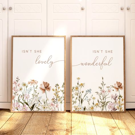 A boho nursery wall art set of 2 featuring wildflower nursery decor and song lyrics to complete your floral nursery. Hang these wildflower prints in your little girl's room or give as a unique baby shower gift! Boho Nursery Wall Art, Wildflower Nursery Decor, Botanical Print, Floral Nursery Art, Girl Nursery Decor, Wildflower Prints, Meadow flowers *PLEASE NOTE - frames are NOT included with purchase. Frames are shown for display purposes only. I am happy to provide affordable, quality frame rec Wildflower Room Theme, Wildflower Toddler Girl Room, Botanical Nursery Girl, Boho Wildflower Nursery, Wildflower Baby Nursery, Wildflower Nursery Theme, Vintage Flower Nursery, Secret Garden Nursery, Pink Floral Nursery