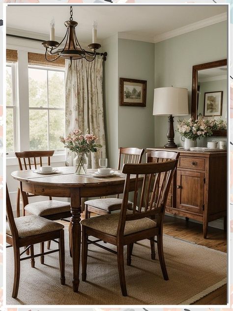 Looking to create a cozy and charming dining room with rustic vibes? Check out these 9 useful dining room rustic ideas and tips! From farmhouse-inspired furniture to warm lighting, discover how to transform your space into a welcoming haven for family and friends. Elevate your décor with these rustic touches and create a dining room that exudes warmth and character. Get inspired now! Antique Dresser Living Room Decor, Quaint Dining Room, Row House Dining Room, Two Story Home Decor Ideas, Interior Design With Antiques, Cottage Living Dining Room, Cozy Vintage Dining Room, Traditional Green Dining Room, Casual Cozy Living Room