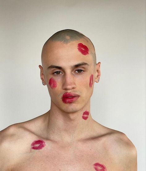 Cupid Photoshoot Men, Mens Valentines Day Photoshoot, Magazine Cover Ideas, Valentine Photo Shoot, Creative Photoshoot Ideas, Lipstick Stain, Men Photoshoot, Mens Editorial, Male Makeup