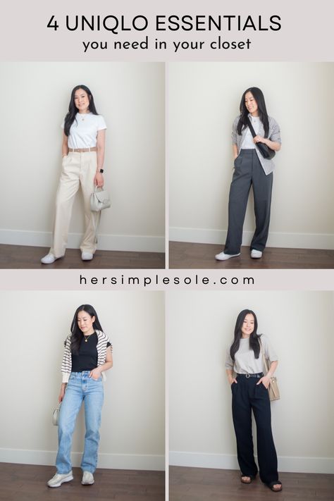 Uniqlo Trousers Women, Wide Leg Pants Uniqlo, Uniqlo Women Outfit Petite, Uniqlo Skort Ootd, Uniqlo Ankle Pants Women Outfit, Women Uniqlo Outfit, Uniqlo Inspired Outfits, Pants Essentials Women, Uniqlo Office Outfit