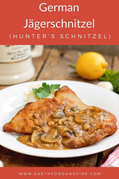 German comfort food at its finest! This jägerschnitzel recipe is an easy pork schnitzel recipe you can make at home, topped with a rich mushroom gravy. #schnitzel #Jägerschnitzel #germanrecipes Chicken Jagerschnitzel Recipe, Pork Schnitzel Recipe Gravy, Jagerschnitzel Recipe, Jaegerschnitzel Recipe, German Cuisine Recipes, German Meals, Pork Schnitzel Recipe, Homemade Beef Broth, Saurkraut Recipes