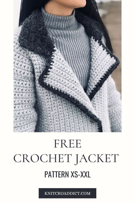 Learn how to make a modern crochet jacket with this free crochet jacket pattern and video tutorial. Includes women's sizes XS-XXL. #crochetpattern #moderncrochet #freecrochet Crochet Long Sweater Coat Free Pattern, Crochet Trench Coat Pattern, Chunky Crochet Coat Free Pattern, Crochet Sweater With Collar Pattern Free, Crochet Jacket With Collar, Crochet Suit Jacket, Knit Sweater With Collar, Crochet Long Jacket, Crochet Jacket Patterns Free