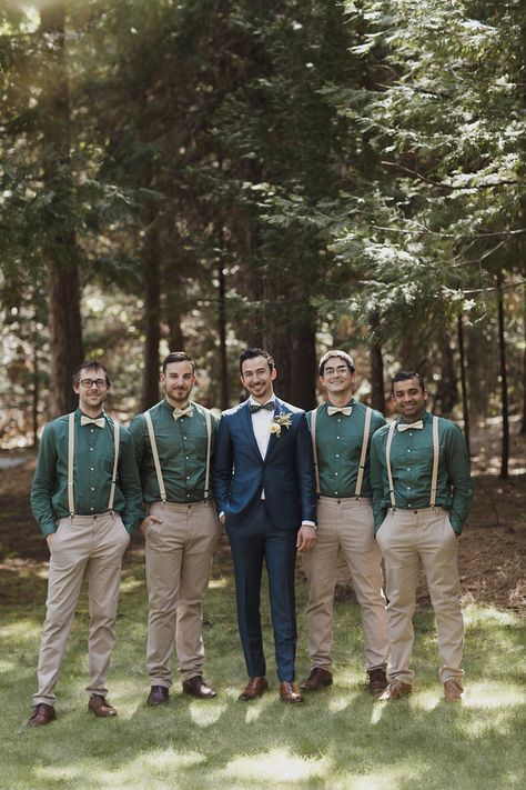 Groom In Dark Green, Groomsmen Colored Shirts, Groomsmen Dark Green Tie, Emerald Green Groomsmen Attire Suspenders, Blue Suits With Green Ties, Dark Green Groomsmen Attire Suspenders, Green Shirt Groomsmen, Emerald Green Tie Outfit Men, Green Pants Groomsmen