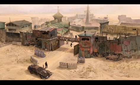 The end of the town by XiXin GuoA post-apocalyptic town  Survivors gathered here Wasteland Post Apocalyptic, Post Apocalypse Town, Post Post Apocalyptic, Post Apocalyptic Wasteland, Post Apocalyptic Home, Post Apocalyptic City Concept Art, Post Apocalyptic Settlement, Desertpunk Aesthetic, Desert Post Apocalyptic