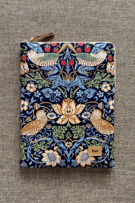 Handmade iPad sleeve with Morris & Co. Strawberry Thief fabric, showing two birds in brown, and two birds in a blue-green Apple Ipad Pro 12.9 Case, Book Ipad Case, Custom Ipad Cover, Handmade Ipad Case, Morris And Co, Macbook Bag, Apple Keyboard, Morris Print, Apple Pen