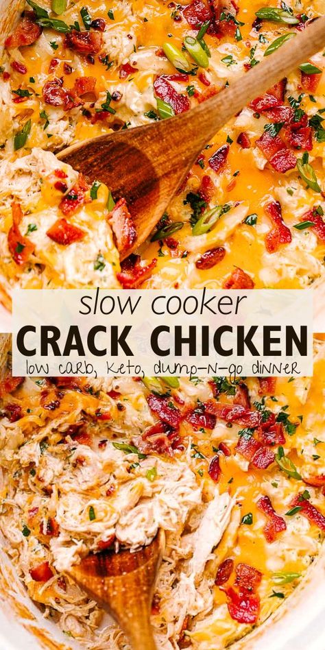 Slow Cooker Crack Chicken is the most creamy and delicious chicken you will ever eat. Top it with melted cheddar and bacon for all the comfort food feels. Essen, Weeknight Dinner Crockpot, Frozen Chicken Crockpot Recipes, Mojo Chicken, Crockpot Chicken Recipes, Low Carb Soup Recipes, Chicken Crockpot Recipes Easy, Keto Crockpot, Easy Crockpot Dinners