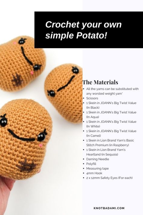 Create your own handmade potato to get started on your crochet garden with this free crochet potato pattern! This crochet doll is a beginner friendly amigurumi pattern. Create your own stuffed animals with crochet. Perfect for a quick and easy project to pass the time. Cute and kawaii, this basic and beginner friendly DIY project is perfect for any crocheter. This stuffed animal amigurumi is a great project and gift for all seasonal crochet. Easy to follow photo tutorial. Crochet Baked Potato, Amigurumi Patterns, Crochet Pattern For Positive Potato, Amigurumi Potato Free Pattern, Crochet Potatoes Free Pattern, Potato Amigurumi Pattern, Positive Potato Knitting Pattern, Free Crochet Potato Pattern, Crochet Positive Potato Pattern