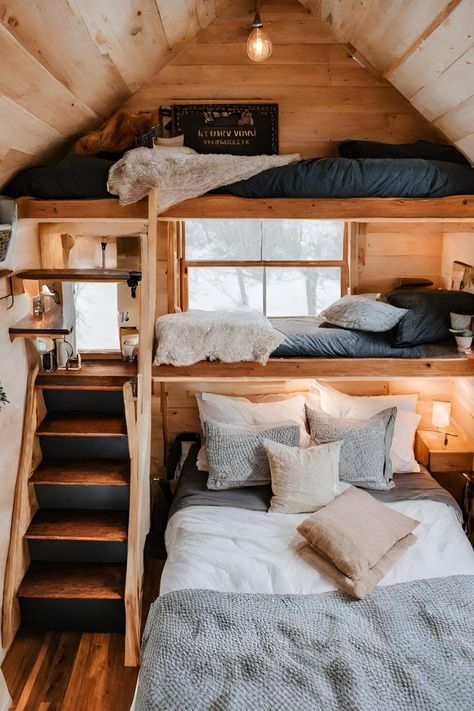 Cozy Tiny Home Interior, Tiny Sleeping Cabin, Tiny House Cottage Interior, Cabin Guest Room Ideas, One Room Cabin Floor Plans, Rustic Tiny House Cabin Interior, Cozy Small Cabin Interior, Cozy Cabin Airbnb, Tiny Home Bunk Beds