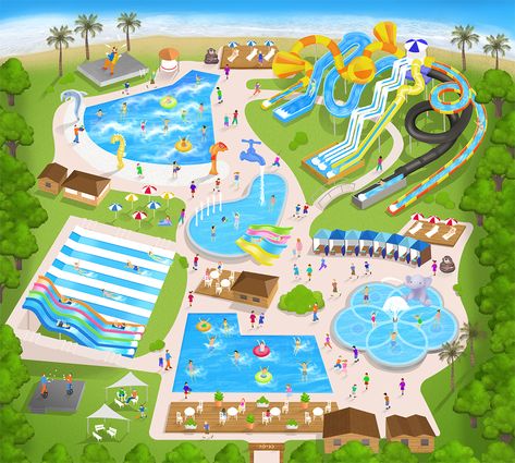 Nurit Benchetrit on Behance Small Water Park Design, Bloxburg Water Park Layout, Water Park Layout, Water Park Entrance, Bloxburg Waterpark, Water Park Ideas, Water Park Rides, Pool Drawing, Hotel Design Architecture