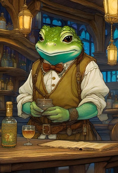 Dnd Frog Race, Bartender Dnd Art, D&d Tavern Art, Tavern Character Design, Goblin Bartender, Dnd Shop Keeper Art, Bat Dnd Character, Frog People Dnd, Bartender Fantasy Art