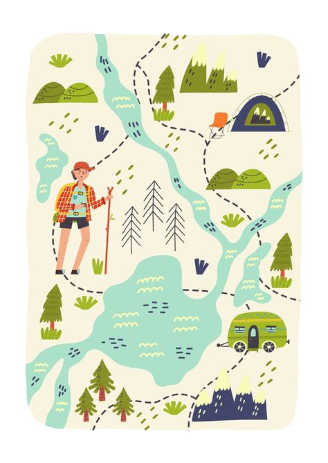 Trail Map Illustration, Hiking Map Design, Camp Map Illustration, Trekking Poster Design, Camping Map Illustration, Hiking Map Illustration, Trail Map Design, Hiking Poster Design, Map Ideas Design
