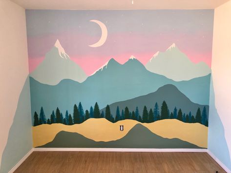 Pink Mountain Mural, Sunset Mountain Mural, Mountain Sunset Mural, Sunset Wall Mural Painting Diy, Easy Mountain Mural, Painted Mountains On Wall, Mountain Mural Bedroom, Easy Wall Murals Painted Diy, Curb Numbers