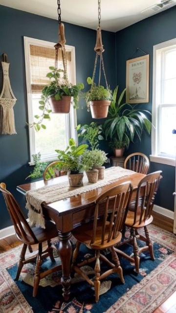 Loving the mix of greenery and vintage vibes in this small dining room!  I think it makes the space feel so inviting. What about you? Tell me in the comments! #greenery #vintage #diningroom #decor Vintage Eclectic Dining Room, Green And Orange Dining Room, Witchy Dining Room, Cottagecore Dining Room, Distressed Wood Table, Orange Dining Room, Cozy Dining Room, Lush Plants, Bohemian Dining Room