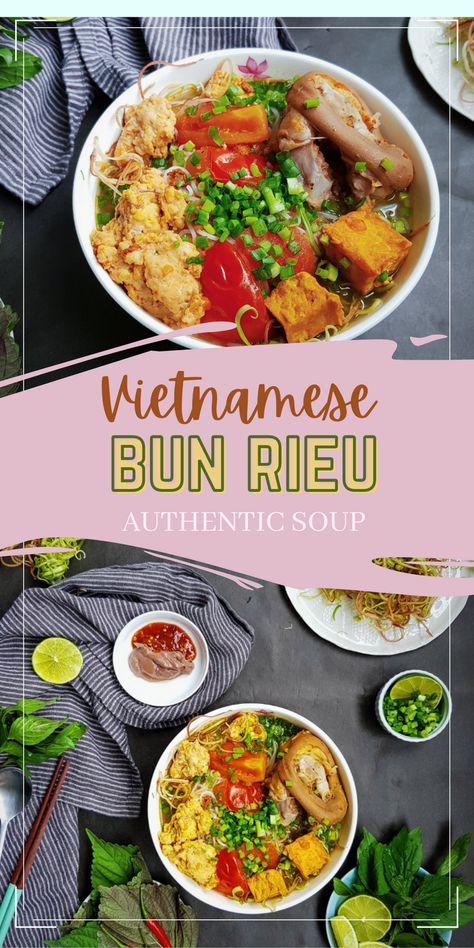 Rich, delicious, authentic Vietnamese crab consommé soup that can feed the whole family or the crowd. #vietnamesefood #souprecipes #bunrieu #authentic Bun Rieu Recipe Vietnamese Food, Vietnamese Street Food Recipes, Traditional Vietnamese Recipes, Vietnamese Recipes Soup, Bun Rieu Recipe, Bun Rieu, Foreign Recipes, Vietnamese Soup, Chicken Pho