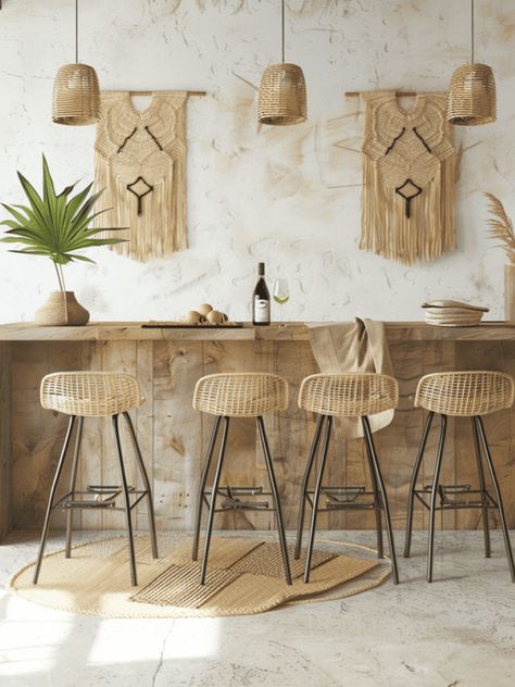 Boho-Style Kitchen Bar: Rattan Stools & Macramé Wall Hangings Beach Boho Kitchen, Boho Restaurant Interior Design, Boho Bar Stools, Boho Restaurant, Beach Restaurant Design, Boho Style Kitchen, Kitchen Bar Area, Dresser Minimalist, Wooden Ladder Shelf