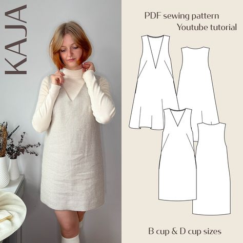 "PDF Digital Sewing Pattern for Kaja Pinafore Dress with Deep V neck Size range:  EU//US - B CUP 32-46//2-16 EU//US - D CUP 46-60//16-30 The Kaja pattern is a vintage inspired pinafore dress, with French darts, two V-neck options and side seam pockets. The dress is fully lined and has a loose fit with a lot of ease. Option A has a beautiful A-line shape with a deep V-neck. The dress stops above the knees. For a more fitted look, size down. Option B has a more fitted shape with a higher V-neck. T Jumper Dress Sewing Pattern, Pinafore Dress V Neck, V Neck Pinafore Dress Pattern, Fall Clothes Sewing Patterns, V Neck Dress Sewing Pattern, Gathered Dress Pattern, V Neck Dress Pattern, Jumper Dress Pattern, Pinafore Dress Pattern