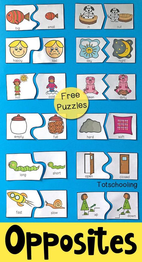 FREE printable puzzles to teach preschoolers about antonyms and opposites. Includes 12 self-correcting puzzles with visual cues to find the matching pair of antonyms. Teaching Same And Different Preschool, Language Activities Kindergarten, Opposites Preschool, Free Printable Puzzles, Free Printable Activities, Printable Puzzles, Aktivitas Montessori, Tot School, Free Preschool