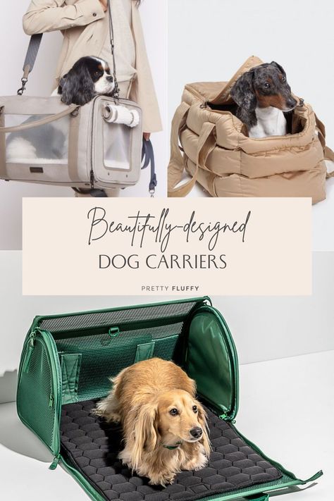 Travel together with these, stylish, modular travel carriers. #dogcarrier #dogcarriers #modernpet #moderndog Dog Travel Accessories, Dog Travel Essentials, Puppy Travel Bag, Dog Brands, Luxury Dog Carrier, Dog Travel Carrier, Dog Carrier Purse, Airline Approved Pet Carrier, Pet Travel Bag