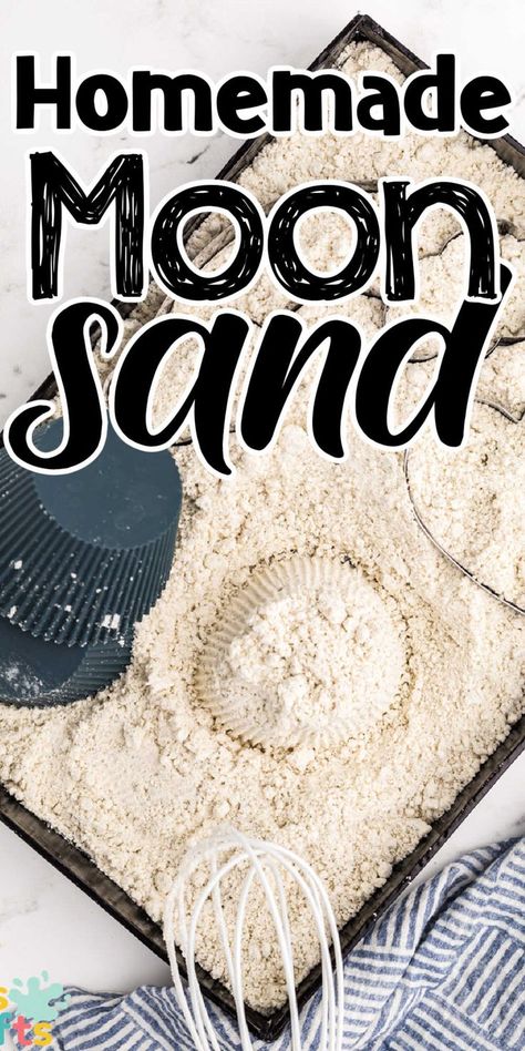 Engage your kids in sensory play with this DIY moon sand recipe, soft, squishy, and ready in under 5 minutes! Moon Sand Recipe, Moon Dough, Diy Moon Sand, Sand Recipe, Homemade Moon Sand, Beach Crafts For Kids, Sands Recipe, Kids Sensory Play, Diy Moon