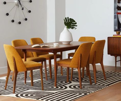 Dania Furniture, Mcm Dining Table, Midcentury Modern Dining Room, Midcentury Dining Room, Yellow Dining Chairs, Mid Century Dining Room, Mid Century Modern Dining Room, Mid Century Dining Table, Midcentury Modern Dining Table