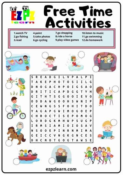 Free Printable Word Search Game Worksheet For English Learners Topic Freetime Activities Freetime Activities Worksheet, Games Worksheet, English Games For Kids, English Activity, Game Worksheet, Word Puzzles For Kids, Freetime Activities, Printable Word Search, Worksheet Activities