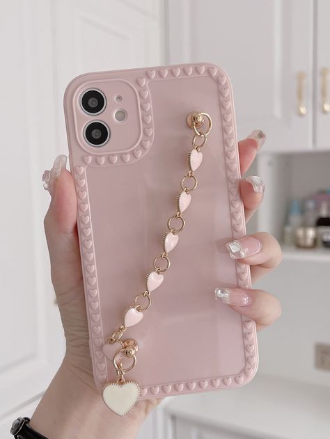 Baby Pink    TPU Plain Hand Strap Phone Case Embellished   Phone/Pad Accessories Heart Phone Case, Pink Phone Case, Cloud Decoration, White Phone Case, Iphone Colors, Strap Phone, Pink Phone, Pink Iphone Cases, Heart Decor