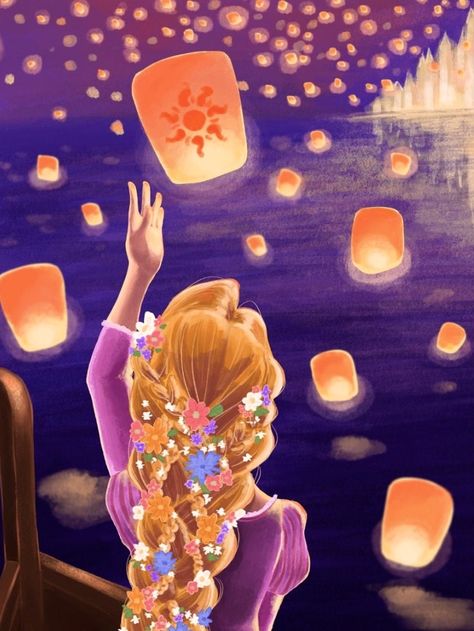 Rapunzel Floating Lights Painting, Lantern Painting Tangled, Tangled Floating Lanterns Painting, Rapunzel Looking Out Window, Princess Painting Canvas, Tangled Rapunzel Painting, Tangled Painting Ideas, Rapunzel Poster, Girly Paintings