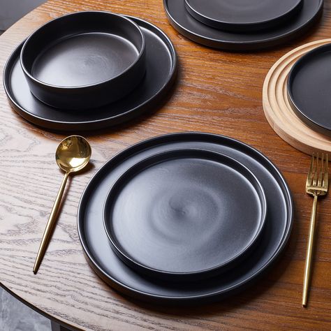 Modern Plate Sets, Plates Sets Modern, Coupe, Dishes For Kitchen, Plate Sets Modern, Black Dinnerware Sets, Black Stone Plate, Black Plate Set, Black Dishes Set