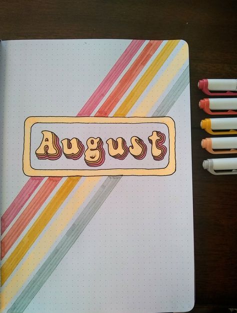 August retro 70s bullet journal inspiration. Journal For August, Journal Month Page August, August Notebook Ideas, August Journal Ideas Aesthetic, Bulett Journal Page Ideas August, Aesthetic Diary Ideas Cover, Dot Journal Cover Page, Journal August Ideas, 70s Bujo Theme