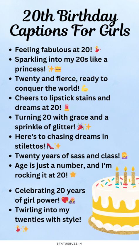 160+ 20th Birthday Captions For Instagram - StatusBuzz 20th Birthday Captions For Yourself, 20 Th Birthday Captions, 20 Birthday Captions, 20 Birthday Captions Instagram, 20th Birthday Ideas Decoration, 20th Birthday Instagram Captions, 20th Birthday Captions, Birthday Captions For Instagram, Catchy Captions