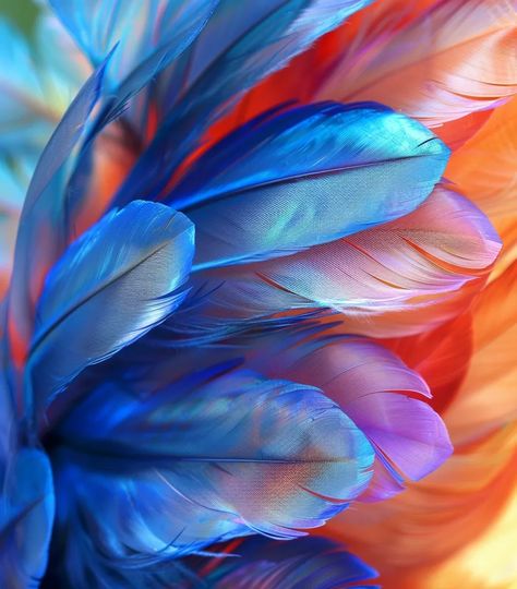 A close-up photograph of a handful of parrot feathers. The feathers are blue, green, and orange. They are arranged in a fan-like shape. The tips of the feathers are pointed, and the bases of the feathers are fluffy. The feathers are very soft and delicate. Feathers, Filler Photos, Parrot Feather, Blue Feathers, Colorful Parrots, Blue Feather, Colorful Feathers, Green And Orange, Parrot