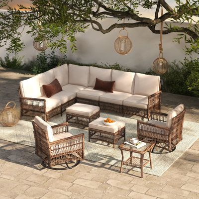 Create a luxurious and inviting outdoor space with the 8-Person Rattan Sectional Seating Group. Crafted with meticulous attention to detail and designed for both style and comfort, this exquisite furniture set will transform your patio into a haven of relaxation and elegance. Picture yourself lounging on plush cushions, basking in the warm sunshine, while surrounded by the natural beauty of handwoven rattan. The seating group exudes a timeless charm that effortlessly blends with any outdoor sett Brown Outdoor Furniture, Cozy Seats, Backyard Entertaining, Deck Furniture, Outdoor Products, Patio Spaces, Furniture Layout, Beachcrest Home, Lounge Furniture