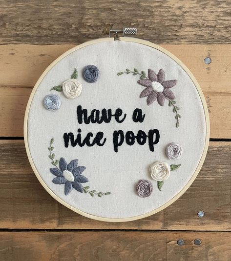 "Welcome your guests properly with this hand embroidery bathroom decor. Designed by TiffyMissWiffy for a 7\" hoop. Includes pdf printable pattern, colour, and stitch type guide. Please note that downloads are non-refundable." Cuss Word Embroidery, Funny Embroidery Quotes, Funny Embroidery Ideas, Cheeky Embroidery, Embroidery Bathroom, Funny Hand Embroidery, Sassy Embroidery, Funny Embroidery Patterns, Colour Guide