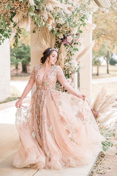 Twirl in this Iridescent Princess Dress for a Lavender and Rose Gold Castle Wedding in Texas Gold Pink Wedding Dress, Rose Colored Wedding Dresses, Rose Color Wedding Dress, Rose Gold Wedding Dress The Bride, Rose Gold Gown Wedding, Rose Gold Dress Wedding, Rose Gold Wedding Dresses, Rose Gold Wedding Gown, Wedding Dresses Rose Gold