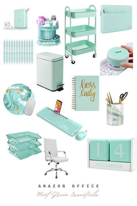 Turquoise And Gold Office Decor, Tiffany Blue Office Decor Work Spaces, Office Decor Turquoise, Mint Home Office, Pink And Teal Office Ideas, Mint Green Salon Decor, Tiffany Blue Home Office, Mint Office Decor, Mint Green Desk Setup