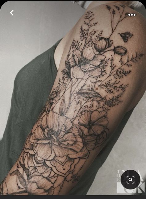 Women’s Flower Sleeve Tattoo, Wildflower Arm Sleeve Tattoo, Half Sleeve Wildflower Tattoo, Wildflower Floral Tattoo, Wildflowers Sleeve Tattoo, Floral Piece Tattoo Arm, Unique Floral Tattoo Half Sleeves, Arm Sleeve Tattoos For Women Flowers, Henna Tattoo Sleeve Arm