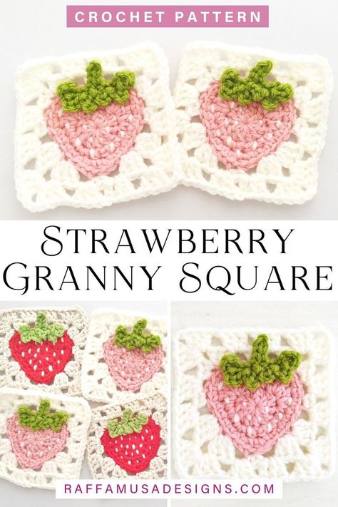 a collage of photos showing several strawberry granny squares crocheted in different acrylic and cotton yarns Strawberry Granny Square, Granny Square Haken, Spiral Crochet, Granny Square Crochet Patterns, Granny Square Crochet Patterns Free, Crochet Mignon, Crochet Strawberry, Confection Au Crochet, Crochet Design Pattern