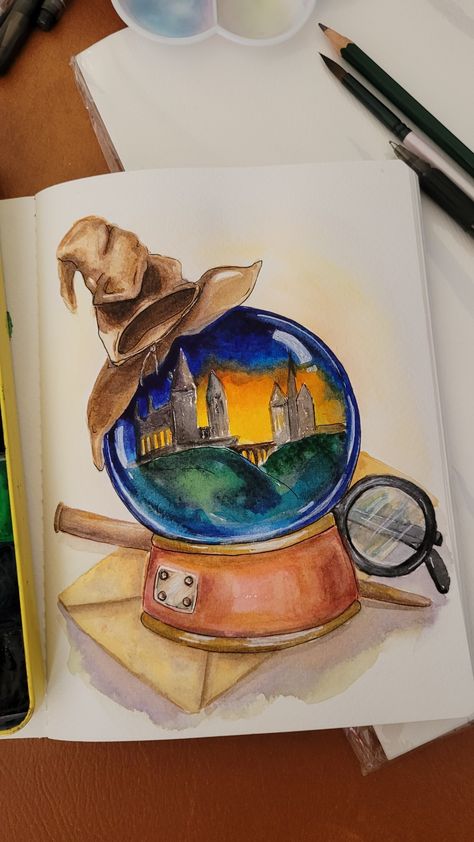 Magic glass ball from Harry Potter 🔮 Fire Ball Drawing, Harry Potter Drawing, Watercolor Crystal, Harry Potter Watercolor, Harry Potter Sketch, Growth Mindset Posters, Ball Drawing, Harry Potter Drawings, Color Pencil