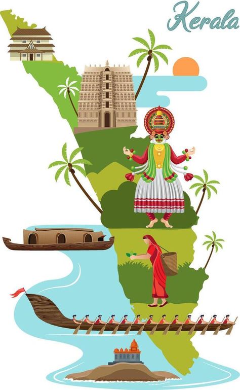 tourism and traditional culture with kerala map vector Nature, Kerala Map, Kerala Culture, Kerala Art, Artistic Painting, Tourism Poster, Arts Integration, Traditional Culture, Kerala Tourism