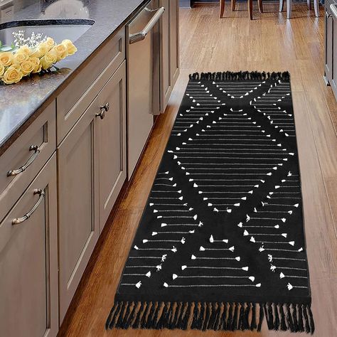PRICES MAY VARY. 【HAND-WOVEN ENTRYWAY RUG】: 45% cotton + 45% polyester + 10% viscose. Our black and white woven rug is not printed but hand woven,eco-friendly fabric,no fading,no pilling, great water absorption, soft and durable boho bathroom mat. Geometry pattern on the floor mat adds exquisite detail and craftsmanship. 【CUTE TASSEL AND TUFTED DESIGN】: Boho kitchen rug with cute knotted tassel fringe on both ends, tassels is about 2 inches, many black small tufted make up a farmhouse style, geo White Woven Rug, White Kitchen Rugs, Boho Kitchen Rug, Farmhouse Kitchen Rug, Elegant Comforter Sets, Urban Outfitters Bedding, Boho Entryway, Color Rugs, Small Bathroom Rug