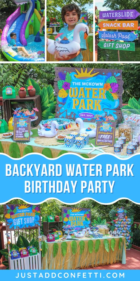 Welcome to the Water Park! You can't go to the water park without stopping at the snack bar for a treat and snagging a souvenir at the gift shop! This was such a fun birthday party! The kids loved picking their own snacks at the snack bar and everyone went home with party favor gifts from the gift shop. The inflatable shark waterslide was a huge hit too! All of the water park party printables are available in my Just Add Confetti Etsy shop. Head to justaddconfetti.com for more party ideas! River Float Birthday Party, Water Theme Party Ideas, Water Splash Birthday Party, Backyard Water Park Ideas, Waterslide Themed Birthday Party, Backyard Water Slide Party, Backyard Water Birthday Party For Kids, Backyard Water Park Birthday Party, Backyard Splash Party Ideas