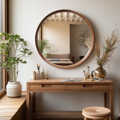 This wooden round wall mirror exudes elegance and sophistication with its classic round shape and natural wood finish. It's crafted from solid solid wood with subtle variations in the grain, giving each mirror a unique texture! Rounded shapes introduce soft geometry into your space, highlighting effortless modern beauty and creating a sense of depth and texture on the wall. This round mirror uses its wide surface area to increase the spread of light, creating the illusion of a larger space and m Round Wood Wall Mirror, 36 Inch Mirror, Under Mirror Table, Circle Wooden Mirror, Round Wood Bathroom Mirror, Round Mirror Wood, Entry Way Round Mirror, Wooden Mirror Design, Wooden Circle Mirror