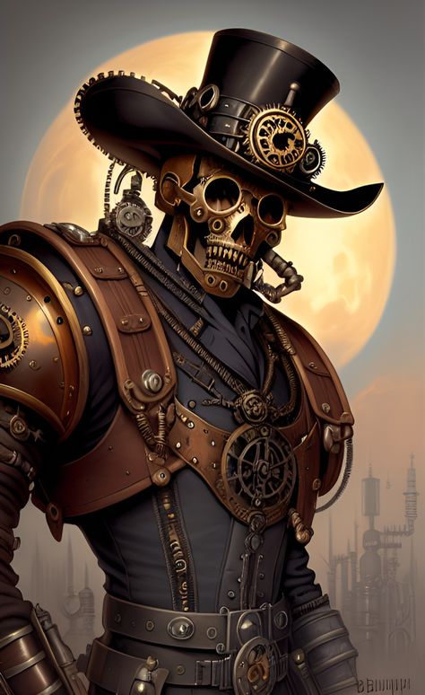 Steampunk Horror Aesthetic, Steampunk Horror Art, Steampunk Robots Concept, Steampunk Pilot Character Design, Cyborgs Steampunk, Steam Punk Cowboy, Steampunk Items Art, Steampunk Story Ideas, Steampunk Man Art